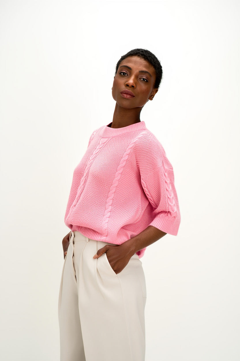 Cable Short Sleeve Sweater - Sweaters - Strong Pink – Davida Cashmere