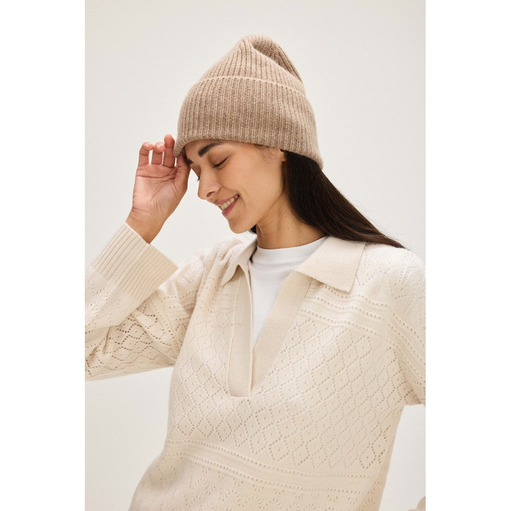 FUMIE TANAKA ear cover knit cap ベージュ Fold Rib Cap - Hat - Mink – Davida Cashmere