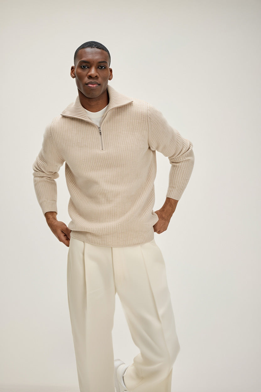 Man Chunky Rib Half Zip - Sweaters - Light Beige – Davida Cashmere