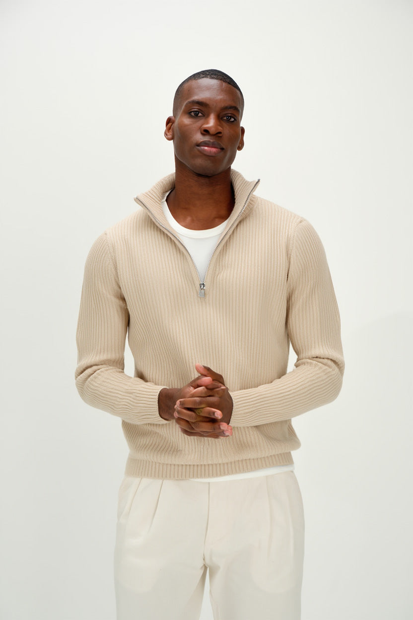 Man Chunky Rib Half Zip - Sweaters - Light Beige – Davida Cashmere