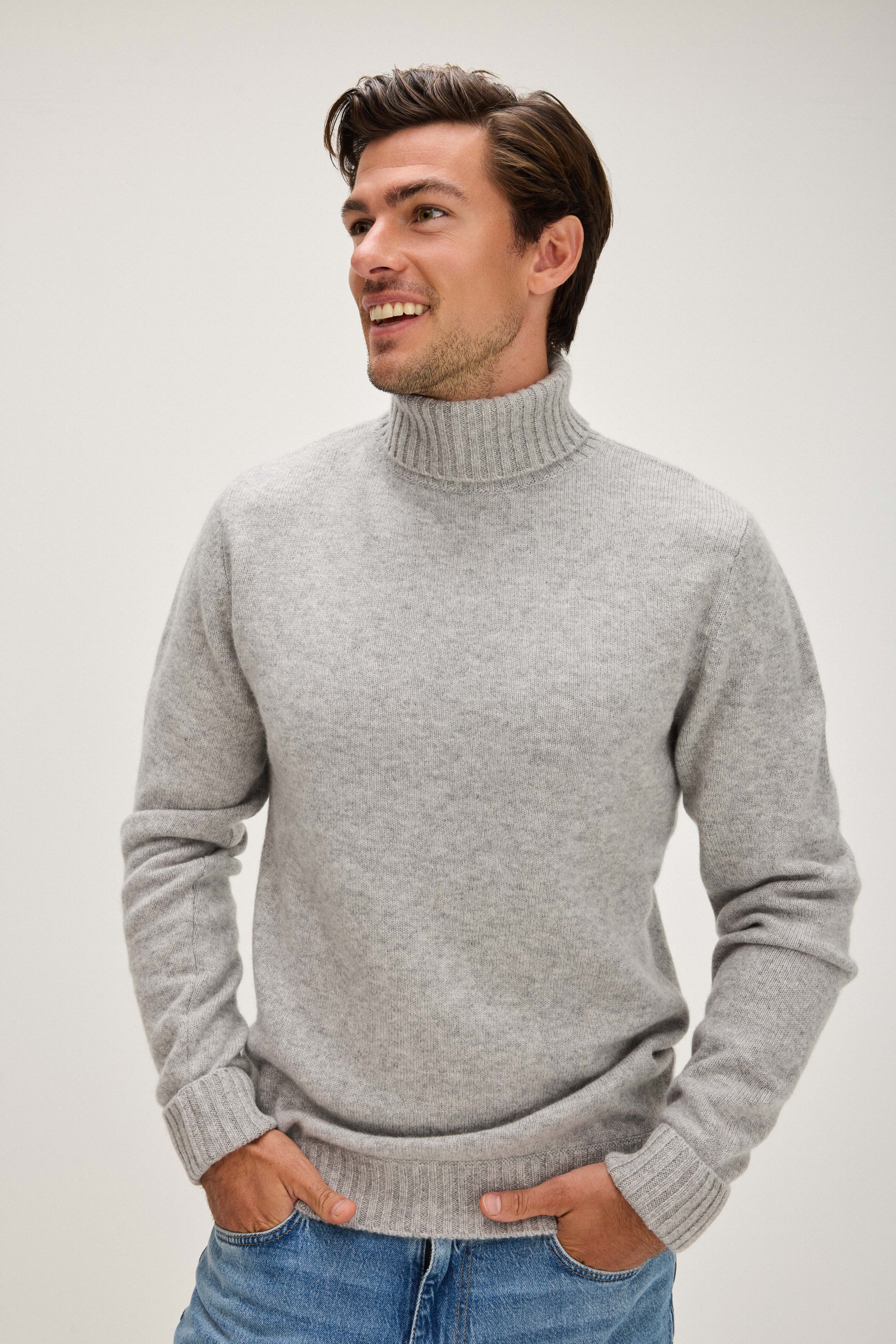 Man Chunky Roll Neck Sweater - Sweaters - Light Grey – Davida Cashmere