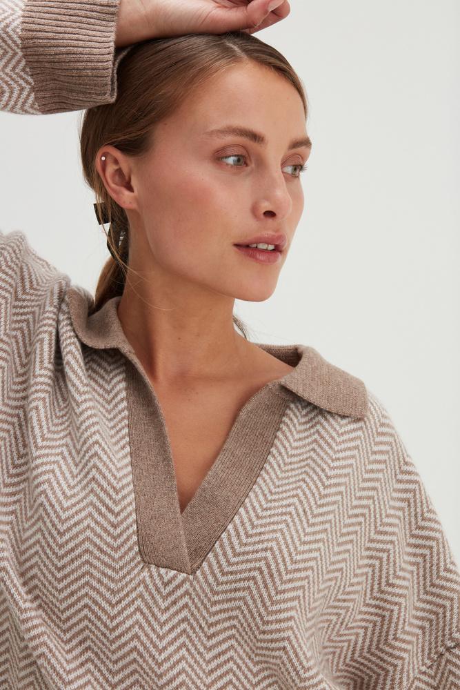 Chunky Open Collar Herringbone Sweater