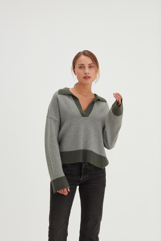 Chunky Open Collar Herringbone Sweater