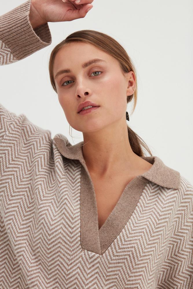 Chunky Open Collar Herringbone Sweater