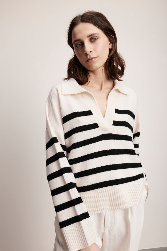 Chunky Open Collar Striped Sweater