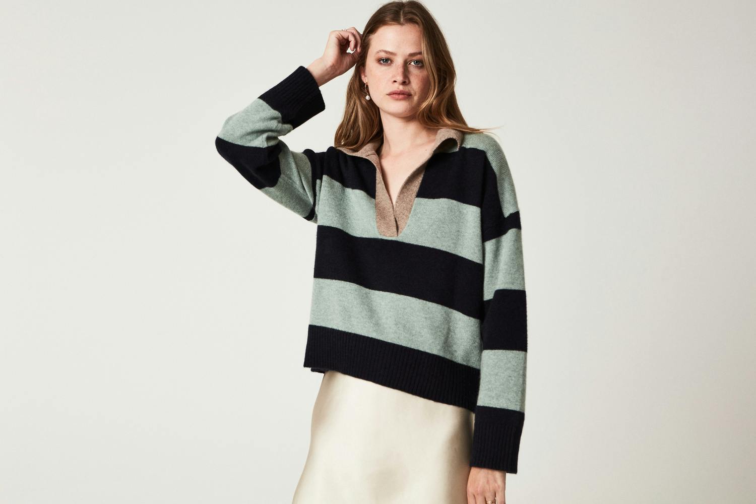 Chunky Open Collar Striped Sweater