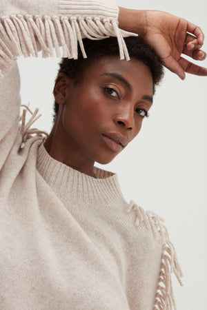 Boxy O-neck Sweater Fringes - Light Beige