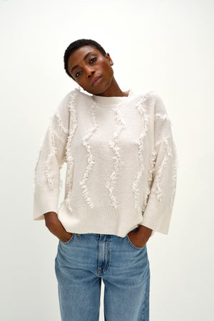 Boxy Short Sleeve Sweater Waves - White