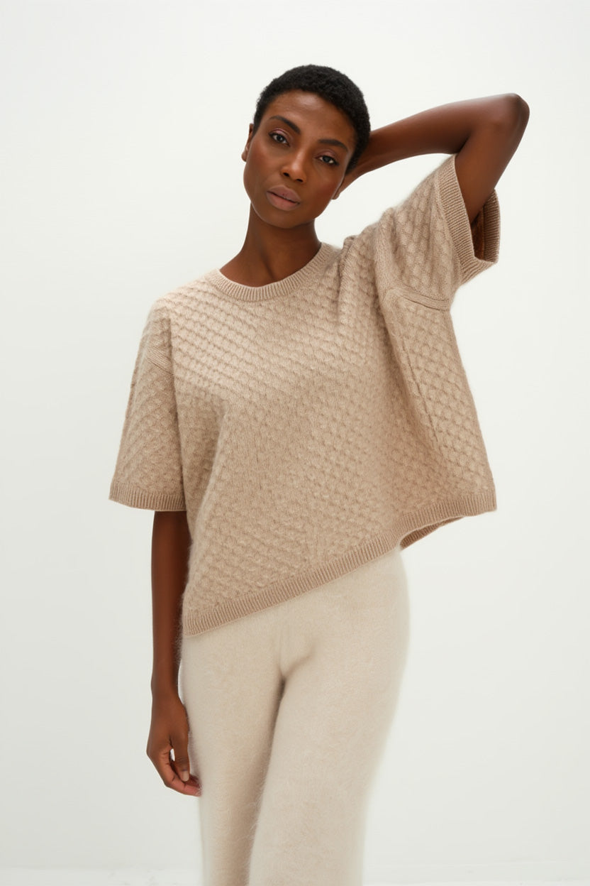 Boxy T-Shirt Diamond Knit - Sweaters - Sand – Davida Cashmere