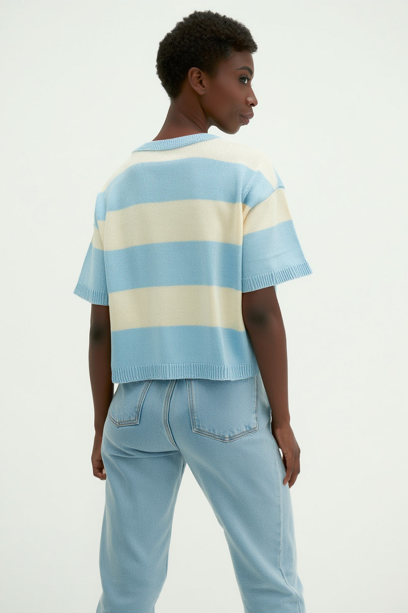 Davida Boxy T-Shirt Striped Sweaters White / Blue Fog