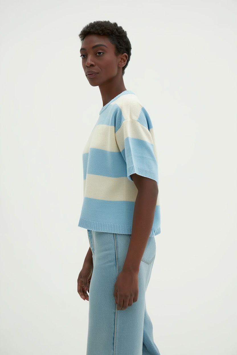 Davida Boxy T-Shirt Striped Sweaters White / Blue Fog