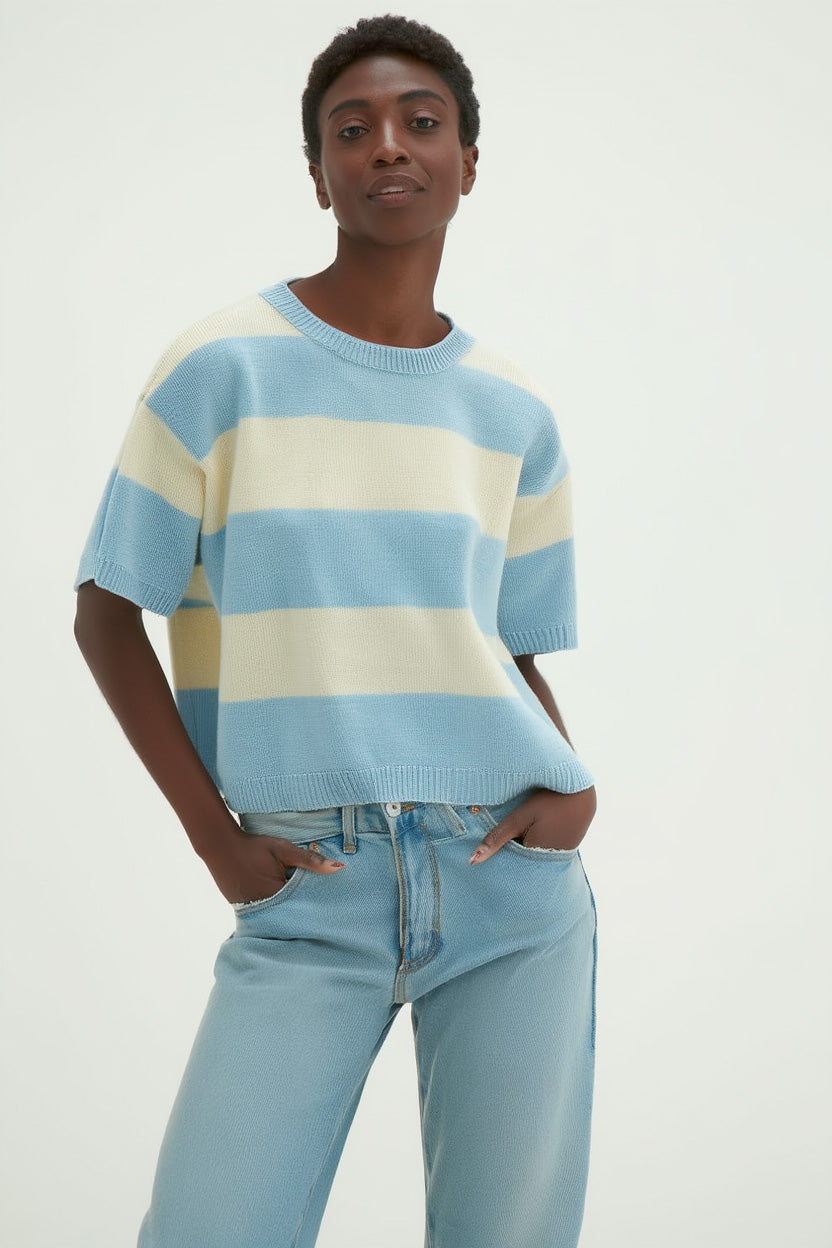Davida Boxy T-Shirt Striped Sweaters White / Blue Fog