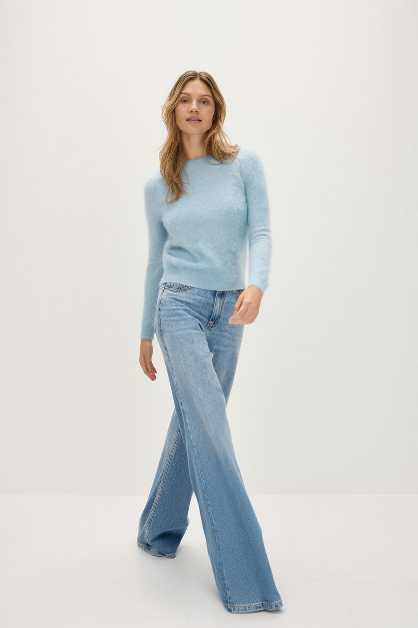 Davida Brushed Basic O-Neck Sweaters Blue Fog