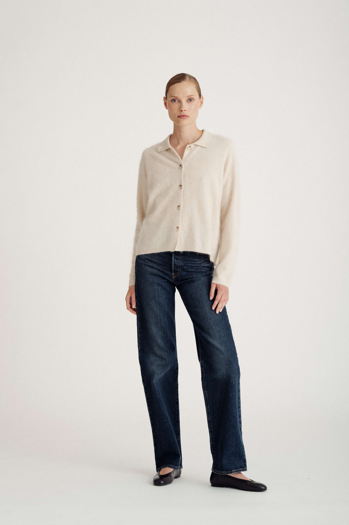 Davida Brushed Buttoned Collar Cardigan Cardigans Light Beige