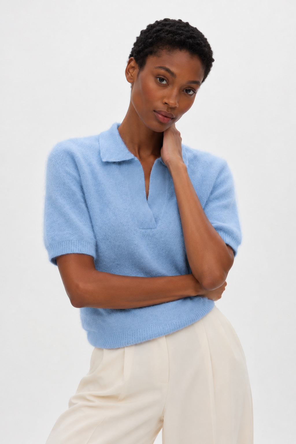 Davida Brushed Open Collar Short Sleeve Sweaters Blue Fog