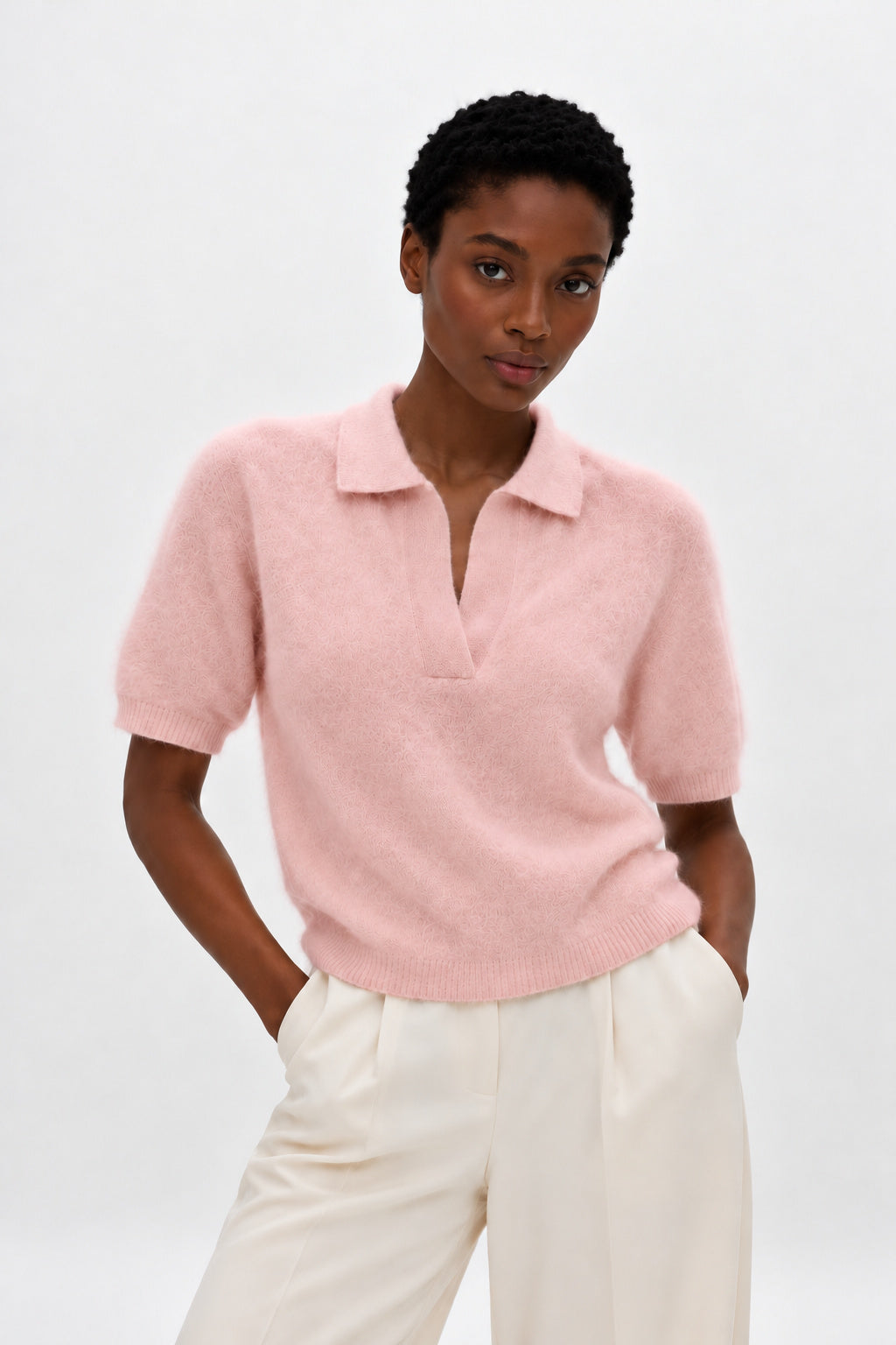 Davida Brushed Open Collar Short Sleeve Sweaters Light Pink