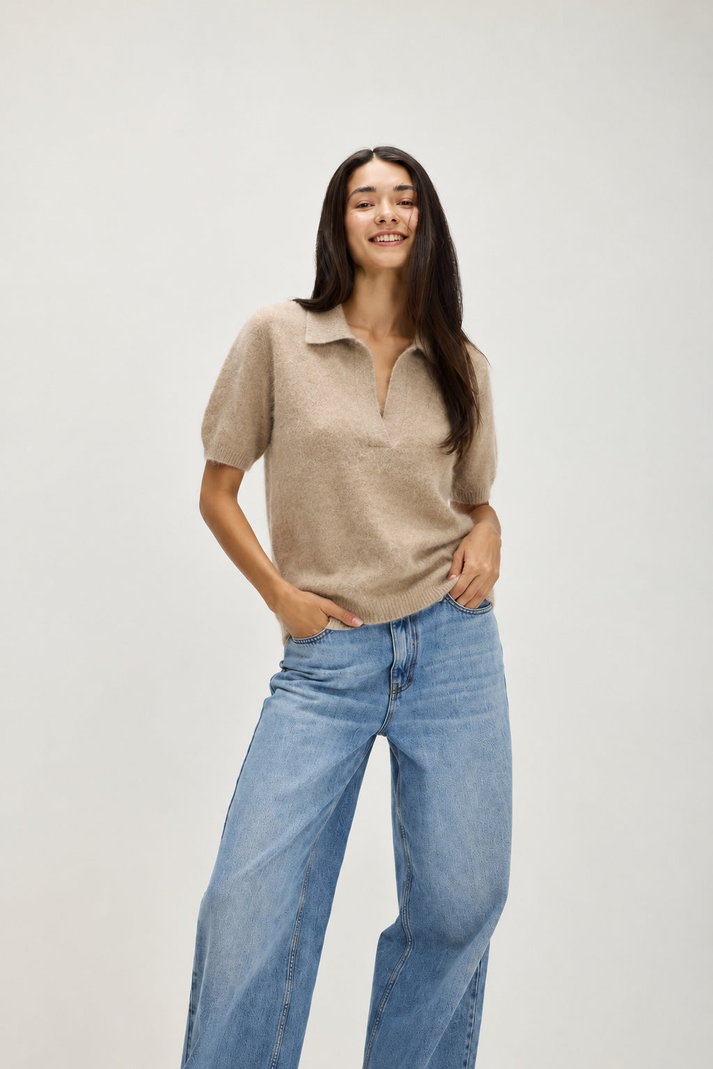 Davida Brushed Open Collar Short Sleeve Sweaters Wheat