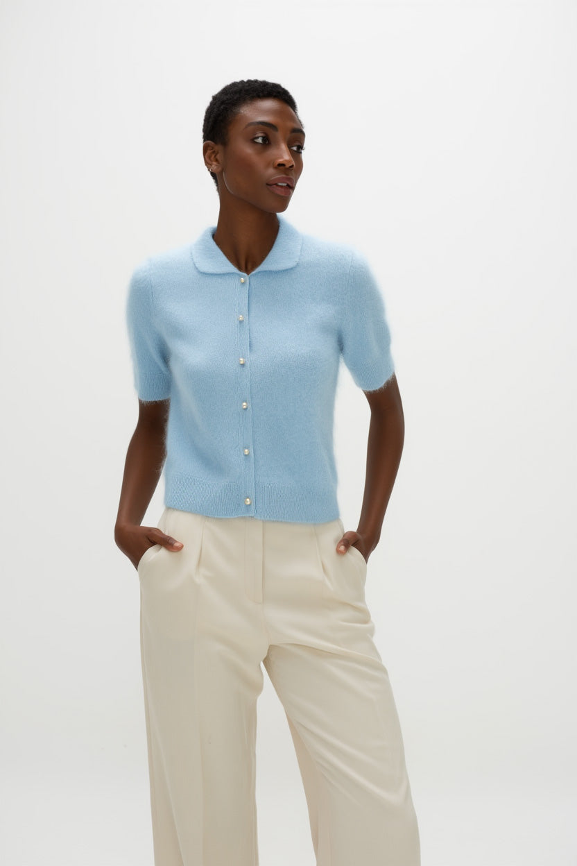 Davida Brushed Short Sleeve Collar Cardigan Sweaters Blue Fog