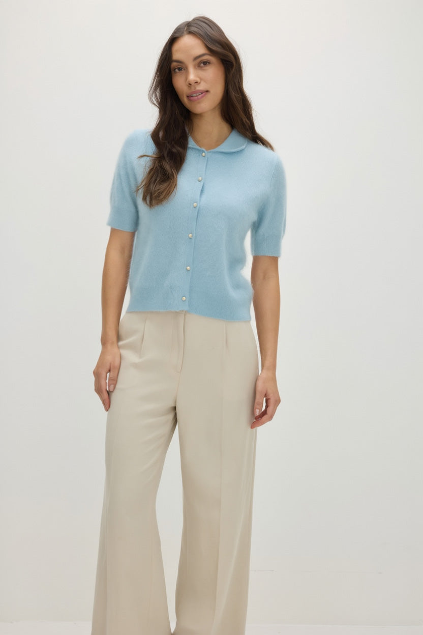 Davida Brushed Short Sleeve Collar Cardigan Sweaters Blue Fog