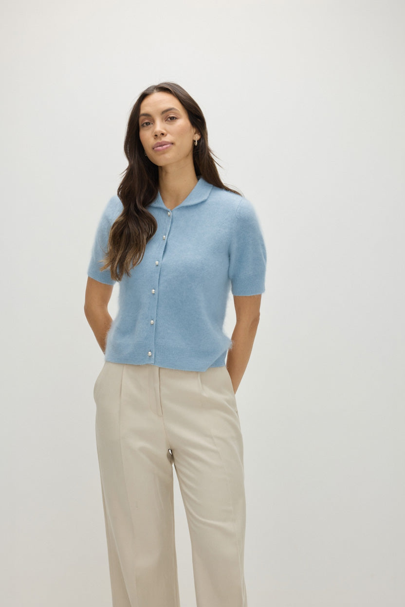 Davida Brushed Short Sleeve Collar Cardigan Sweaters Blue Fog