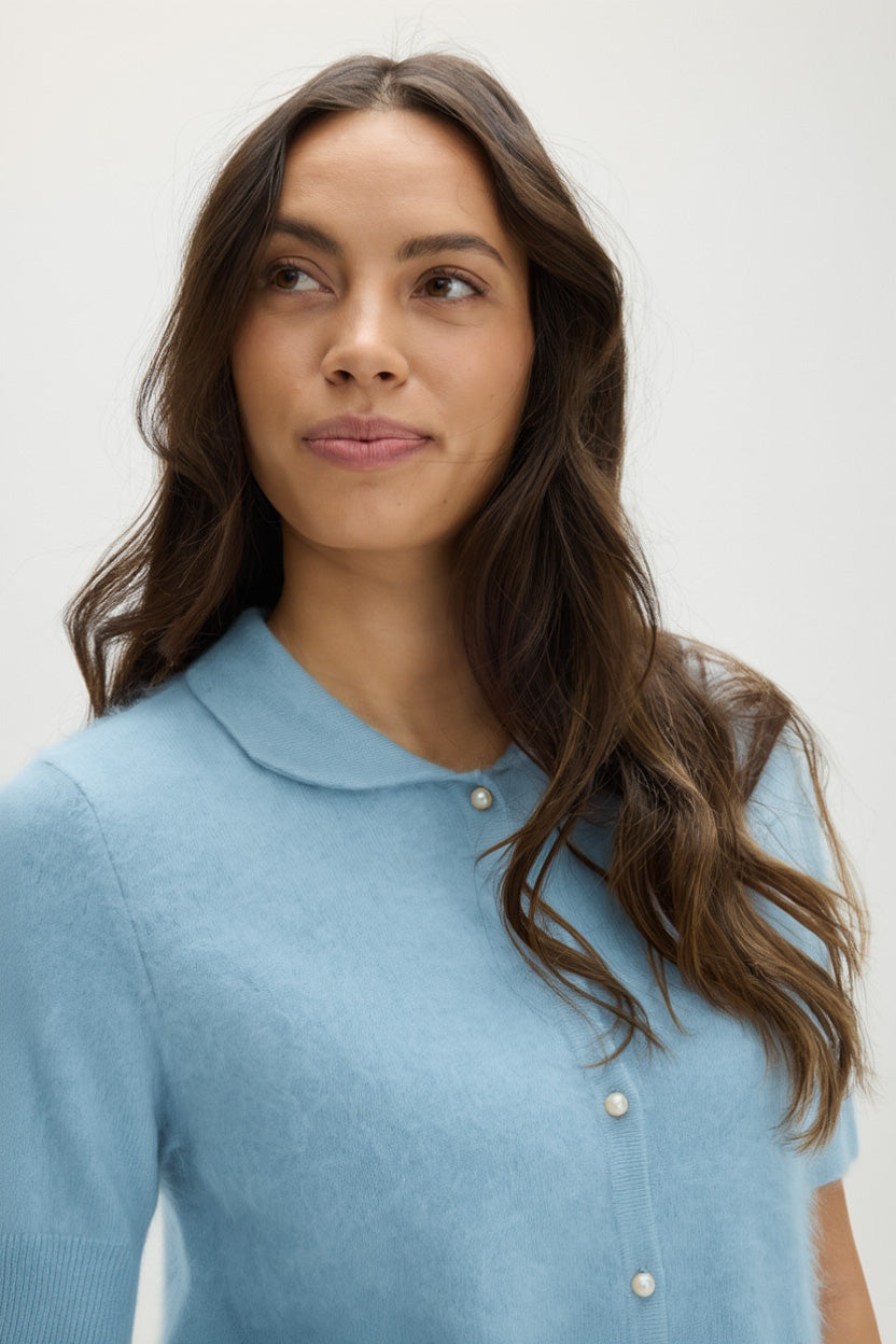 Brushed Short Sleeve Collar Cardigan - Sweaters - Blue Fog