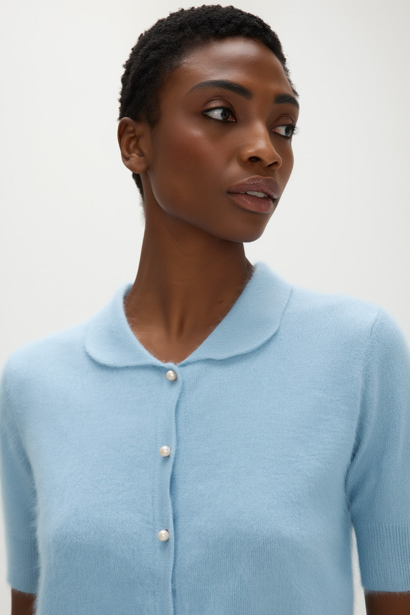 トップス DEL MAR sportswear SHORT-HAIR CARDIGAN Brushed Short Sleeve Collar Cardigan - Sweaters - Blue Fog