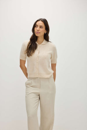 Brushed Short Sleeve Collar Cardigan - Light Beige