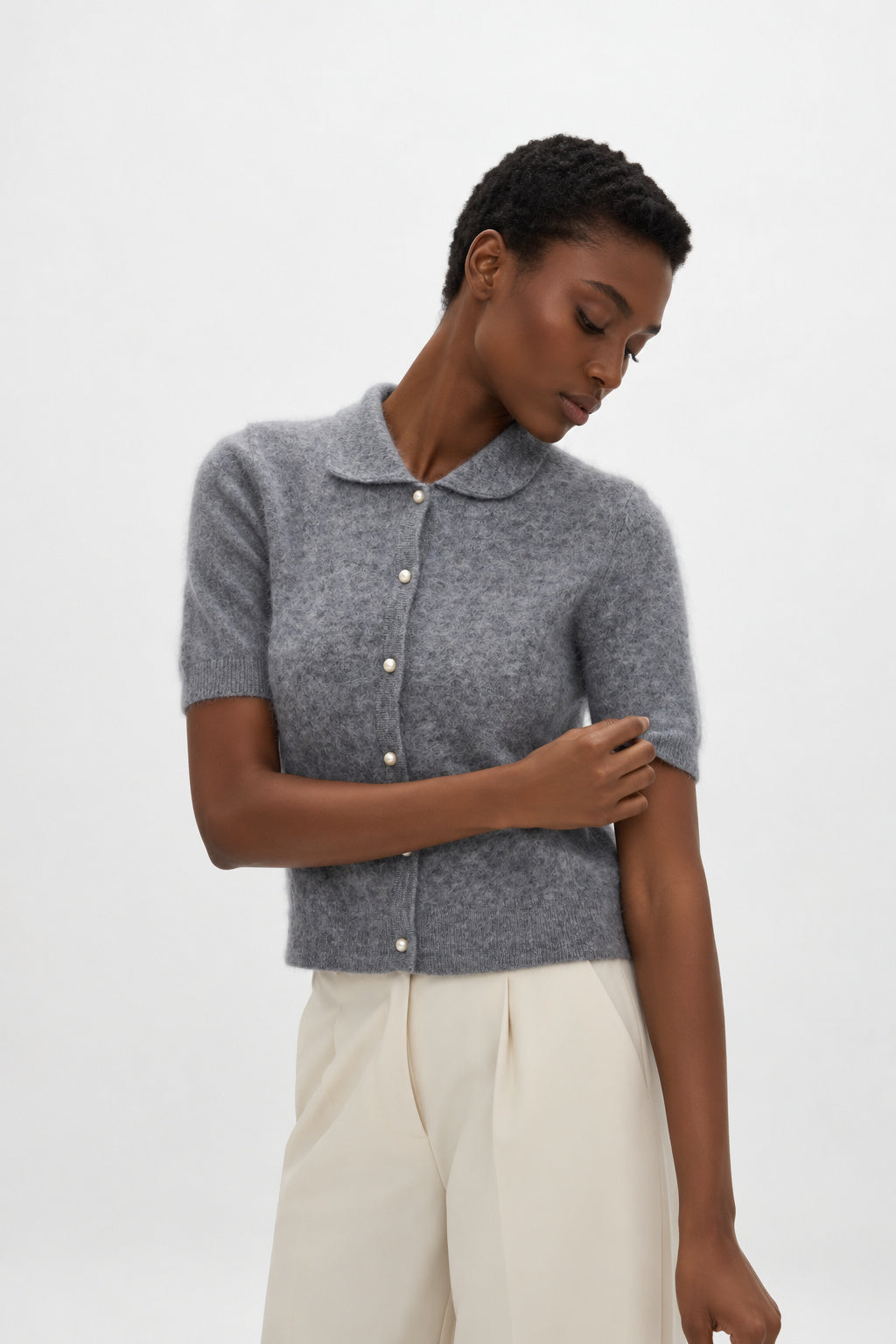 Davida Brushed Short Sleeve Collar Cardigan Sweaters Light Grey