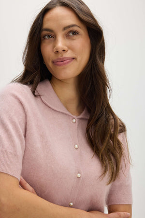 Brushed Short Sleeve Collar Cardigan - Light Pink