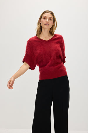 Brushed V-neck Oversized short Sleeve - Mulberry Red