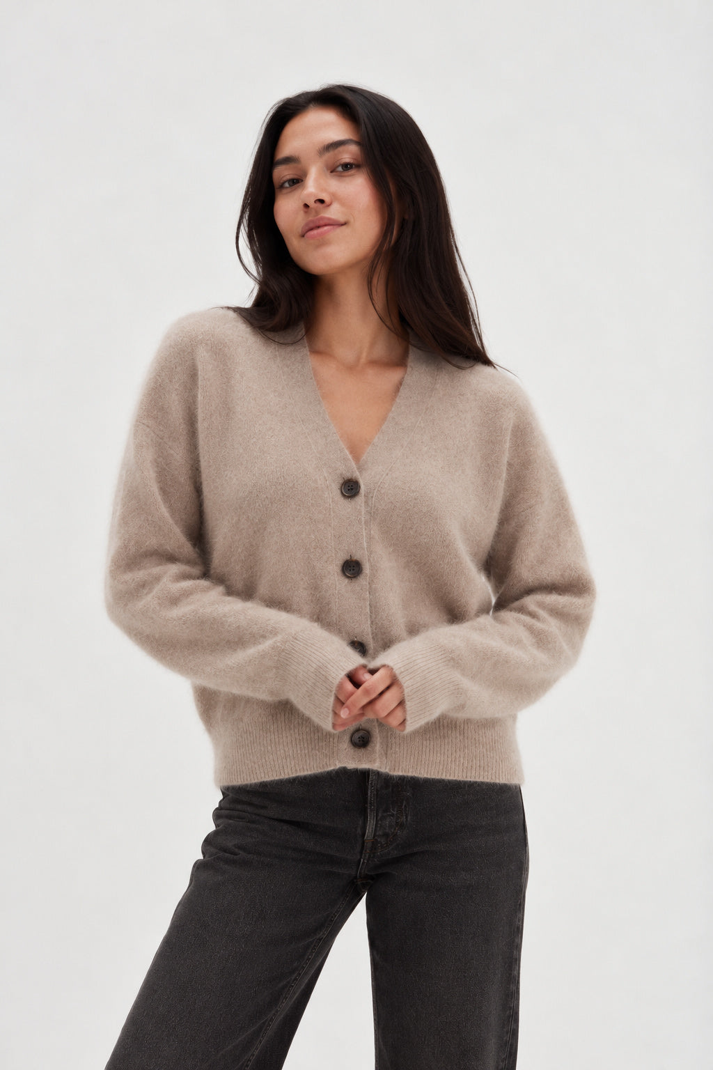 Davida Brushed V-neck Wide Cardigan Cardigans Mink
