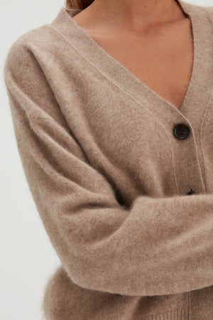 Brushed V-neck Wide Cardigan - Mink