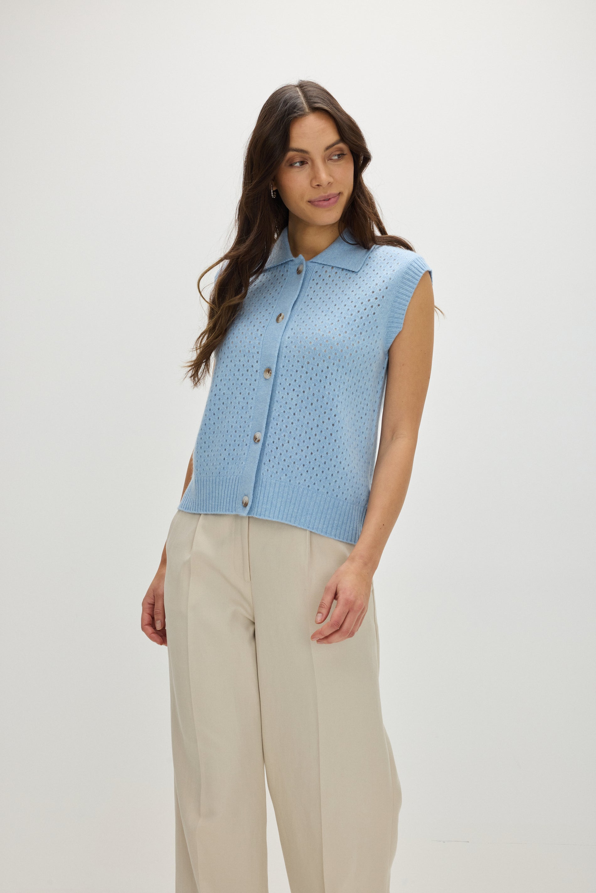 Davida Buttoned Mesh Vest Sweaters Blue Fog
