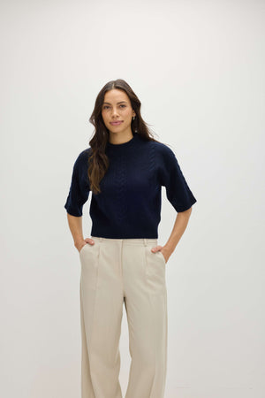 Cable Short Sleeve Sweater - Navy