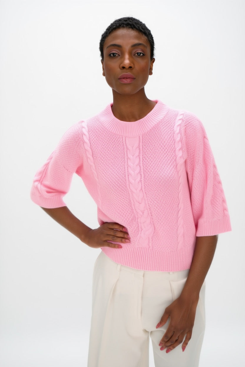 Cable Short Sleeve Sweater - Sweaters - Strong Pink – Davida Cashmere
