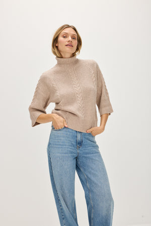 Cable Wide Sleeve Turtleneck - Sand