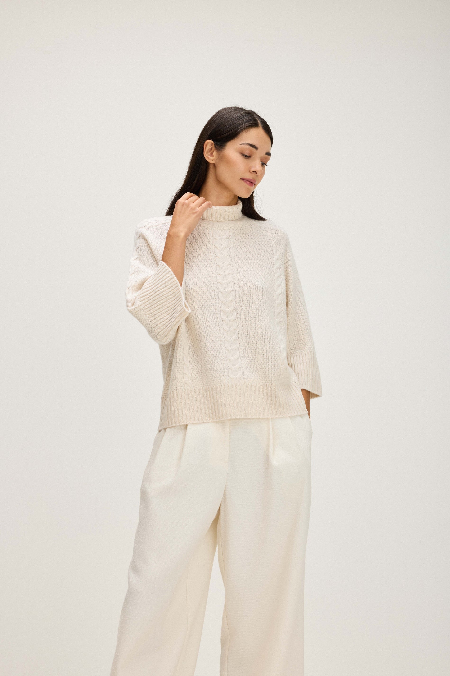 Davida Cable Wide Sleeve Turtleneck Sweaters White
