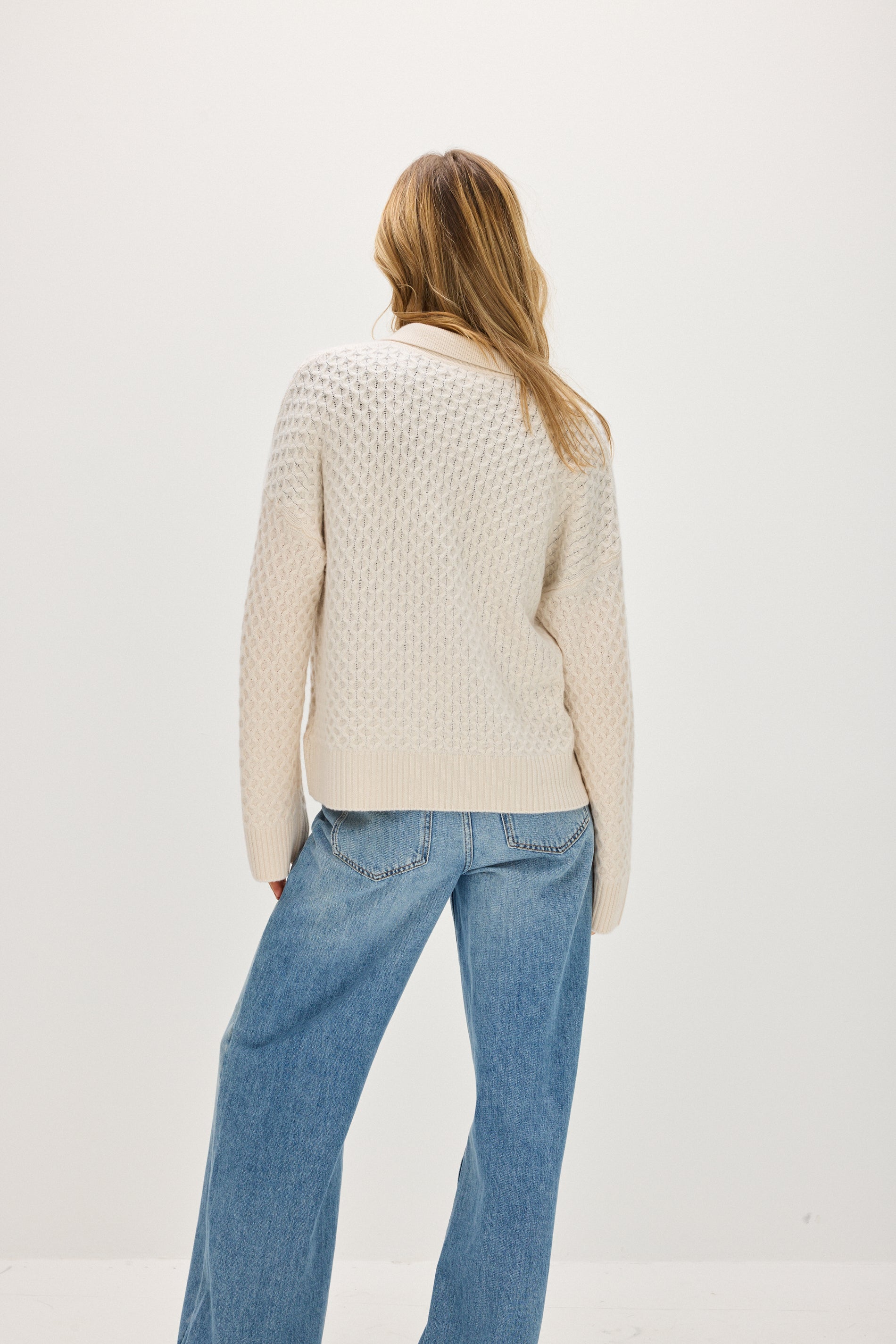 Davida Chunky Open Collar Diamond Knit Sweaters White