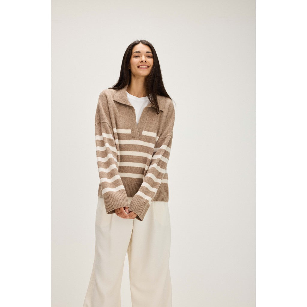 Davida Chunky Open Collar Striped Sweater Sweaters Mink/White