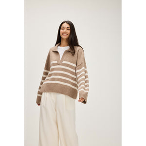 Chunky Open Collar Striped Sweater - Mink/White