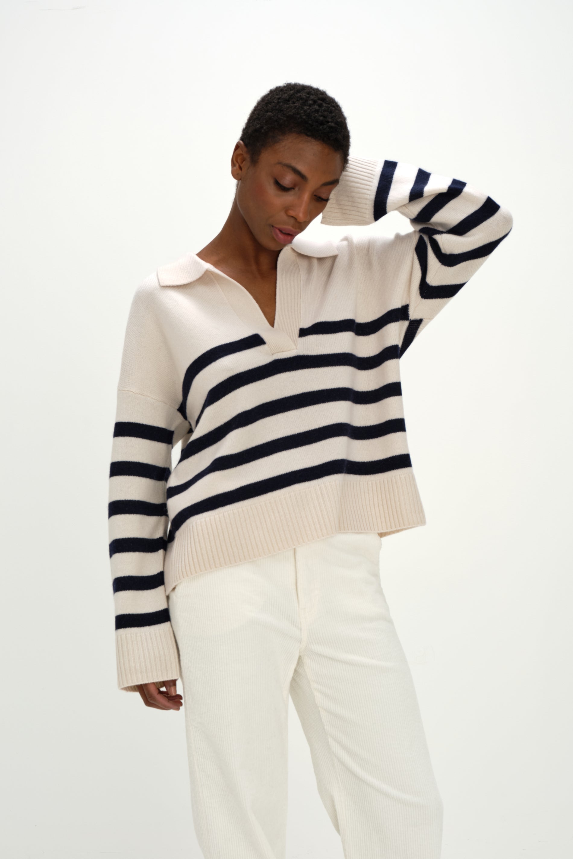 Davida Chunky Open Collar Striped Sweater Sweaters White/Navy