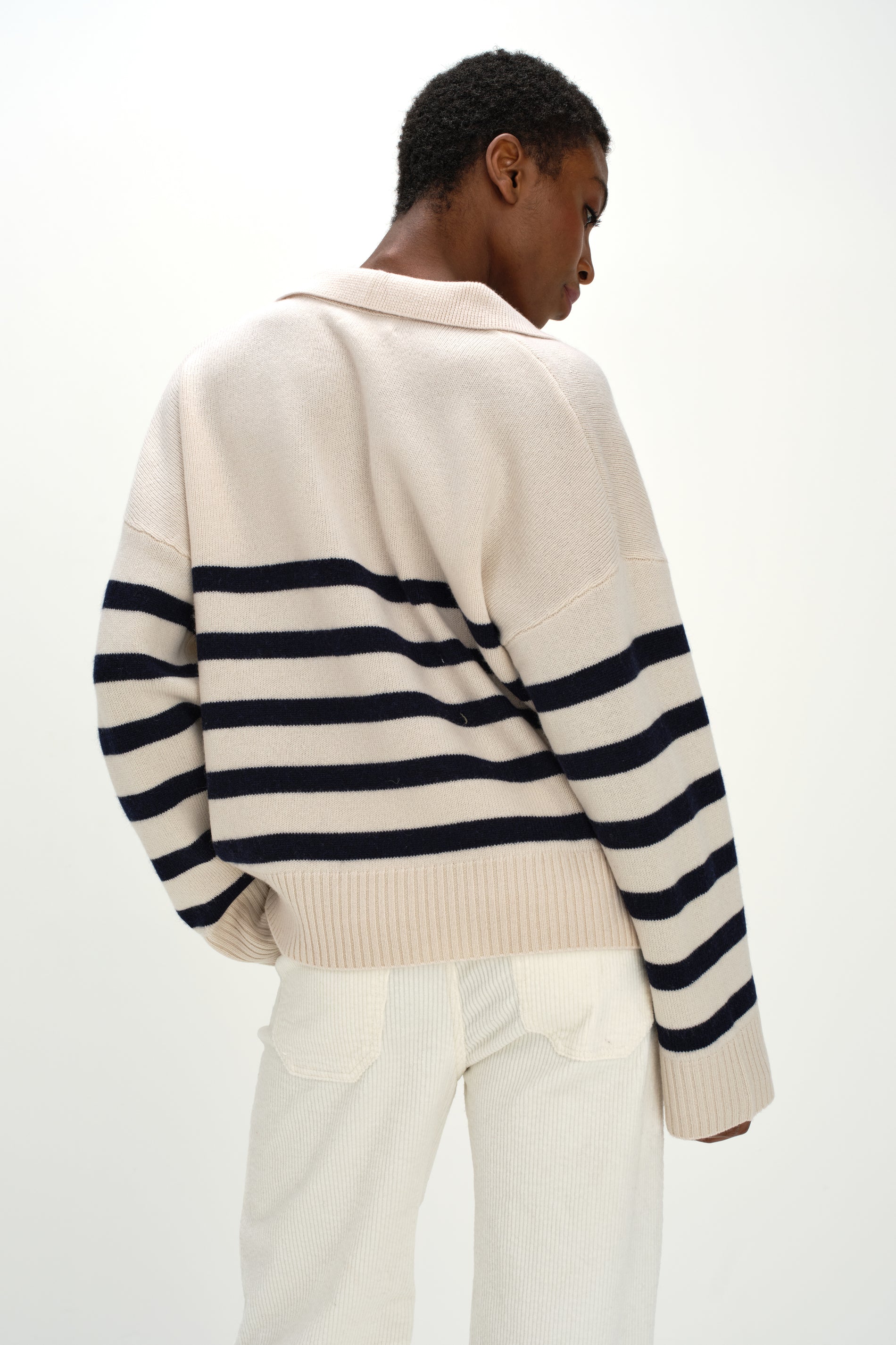Davida Chunky Open Collar Striped Sweater Sweaters White/Navy