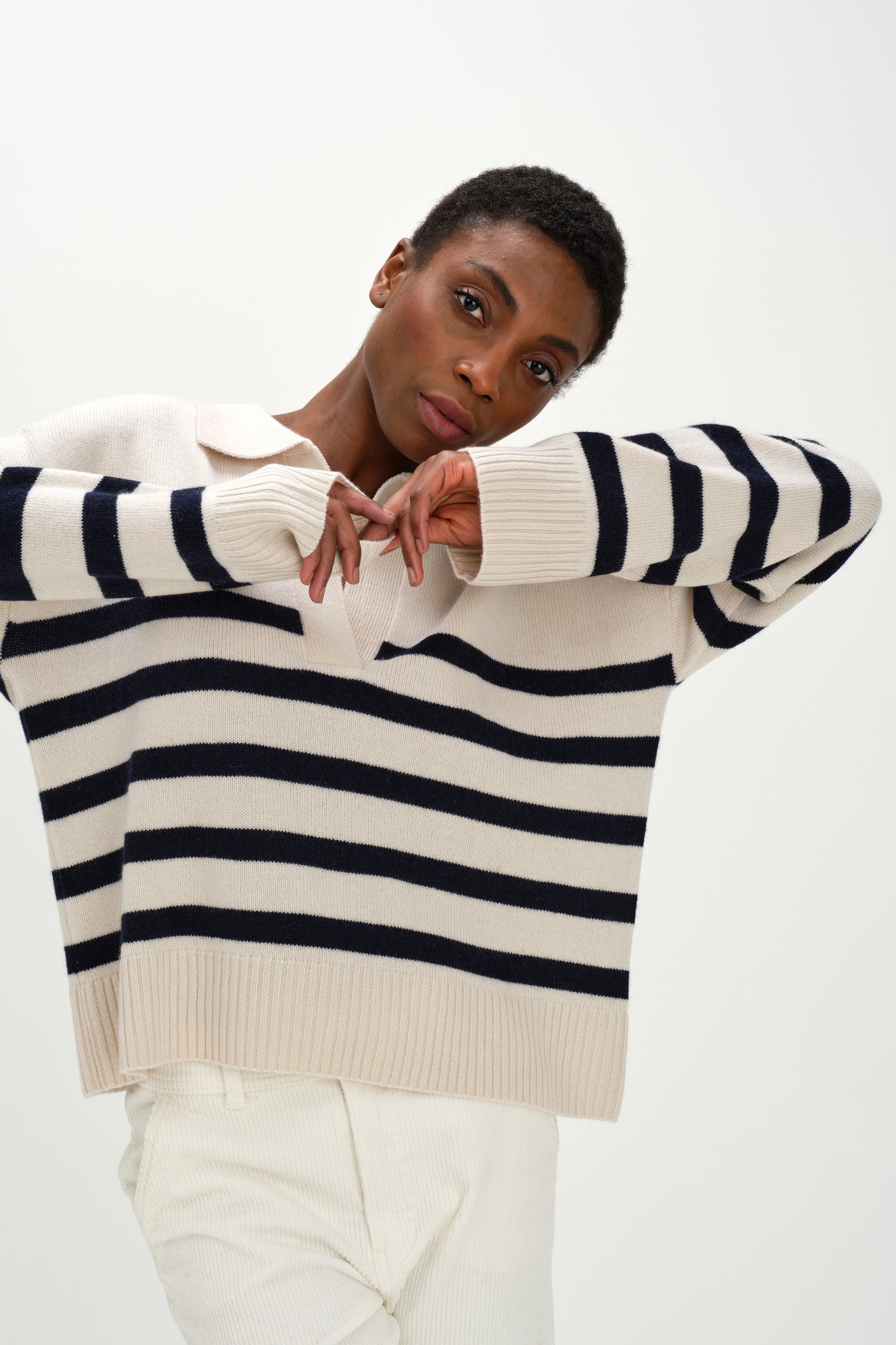 Davida Chunky Open Collar Striped Sweater Sweaters White/Navy
