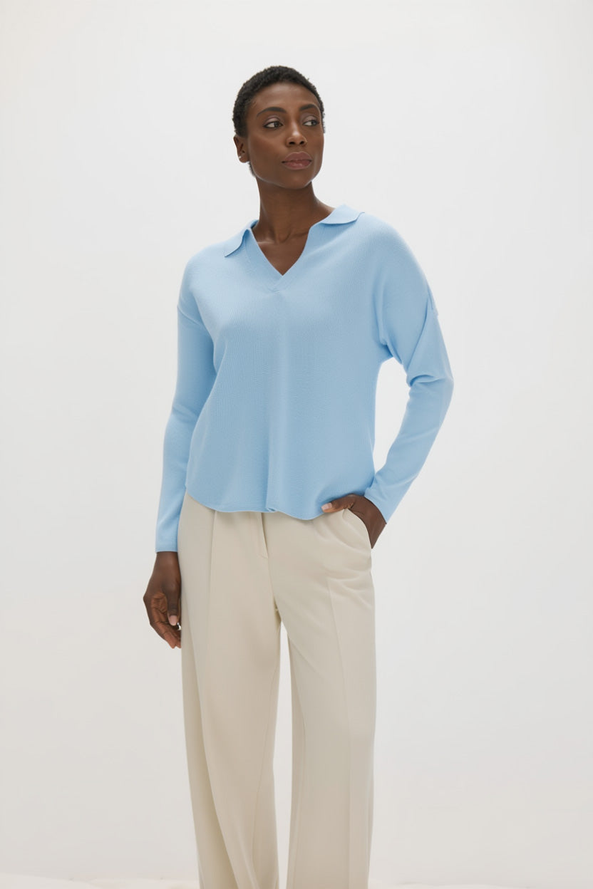 Davida Curved Open Collar Sweaters Blue Fog