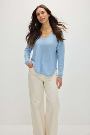 Curved V-Neck Sweater - Blue Fog