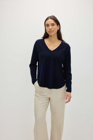 Curved V-Neck Sweater - Navy