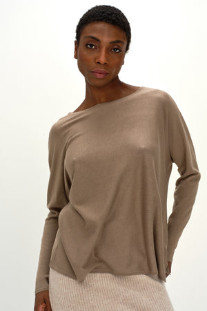 Fine Knit Lady Big Slit Sweater - Mink