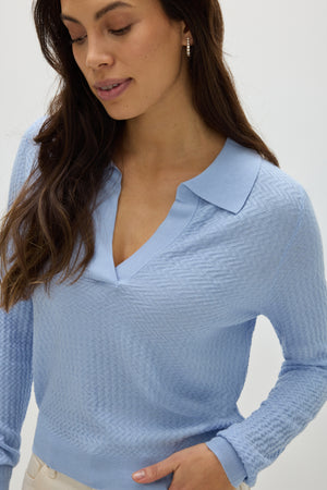 Fine Knit Short Open Collar Sweater - Blue Fog