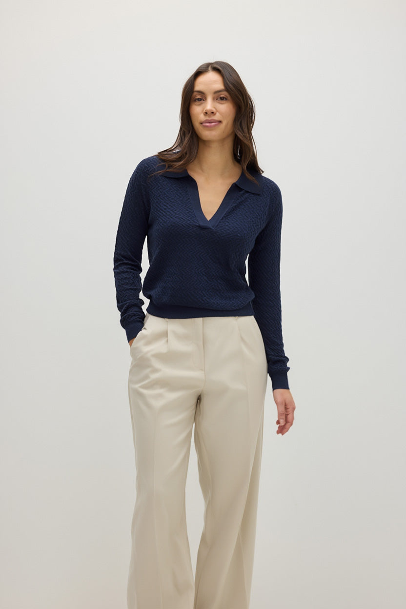 Davida Fine Knit Short Open Collar Sweater Sweaters Navy