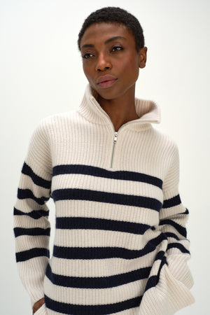 Half Zip Striped Sweater - White/Navy